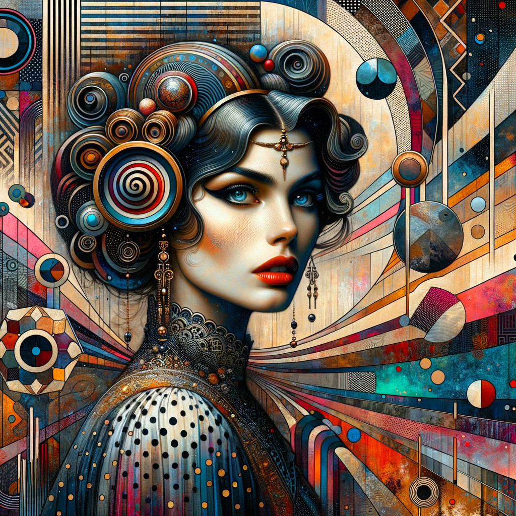 Portrait of a confident woman with patterned hair and abstract background