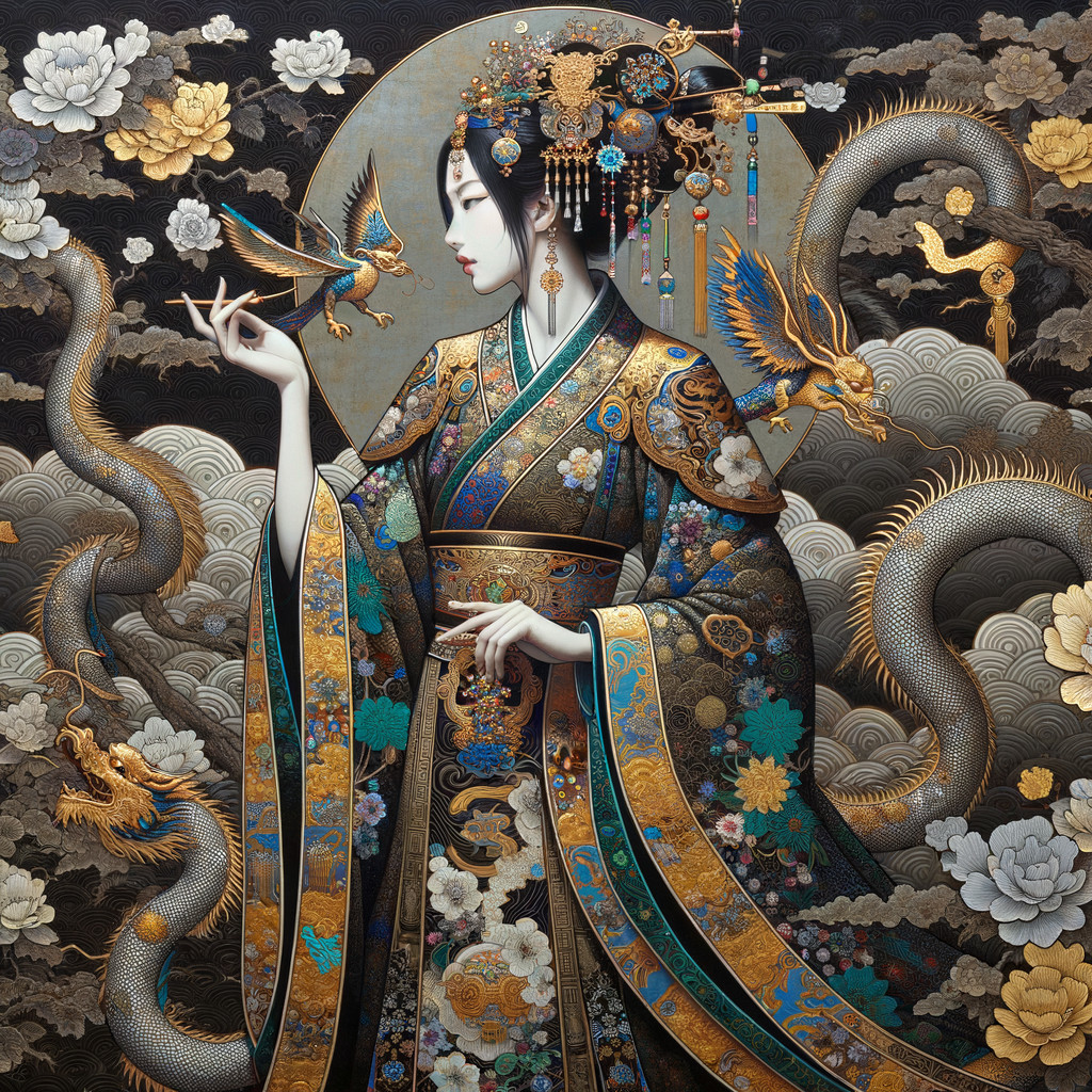 Traditional Kimono Figure with Dragons and Flowers