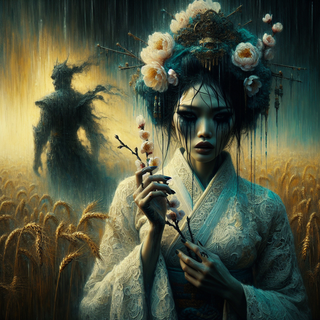 Enigmatic Figure in Wheat Field with Kimono and Shadows