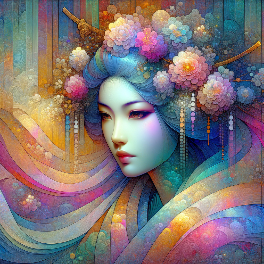 Colorful Anime Portrait of a Japanese Woman in Art Nouveau Style