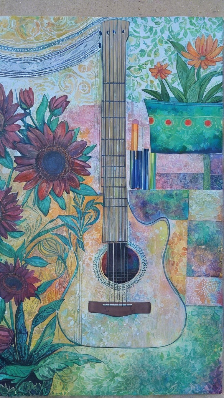 Mixed-Media Artwork of Guitar Among Botanical Elements
