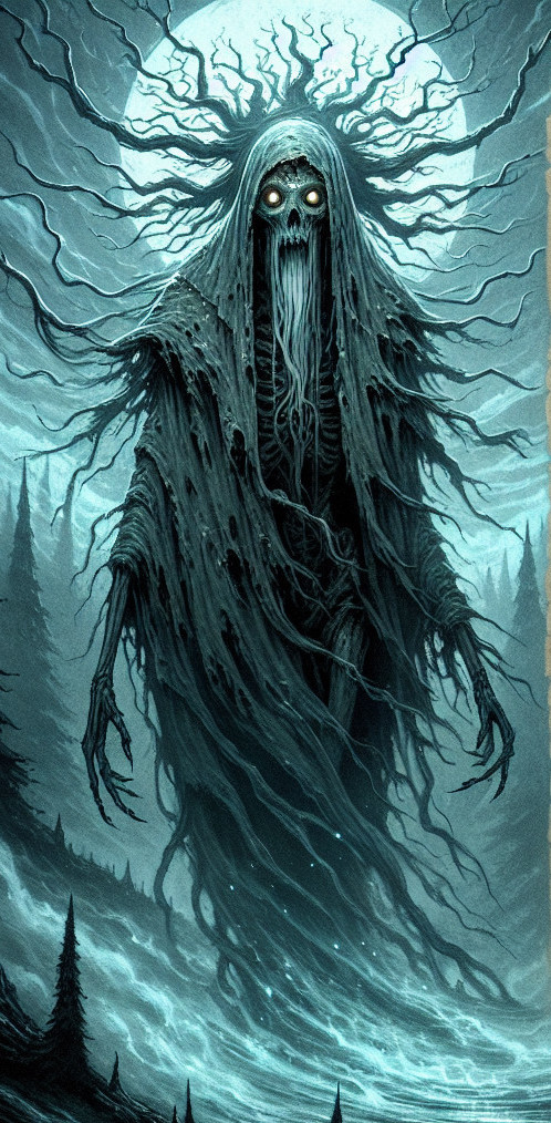 Eerie Night Figure in Misty Forest Under Full Moon