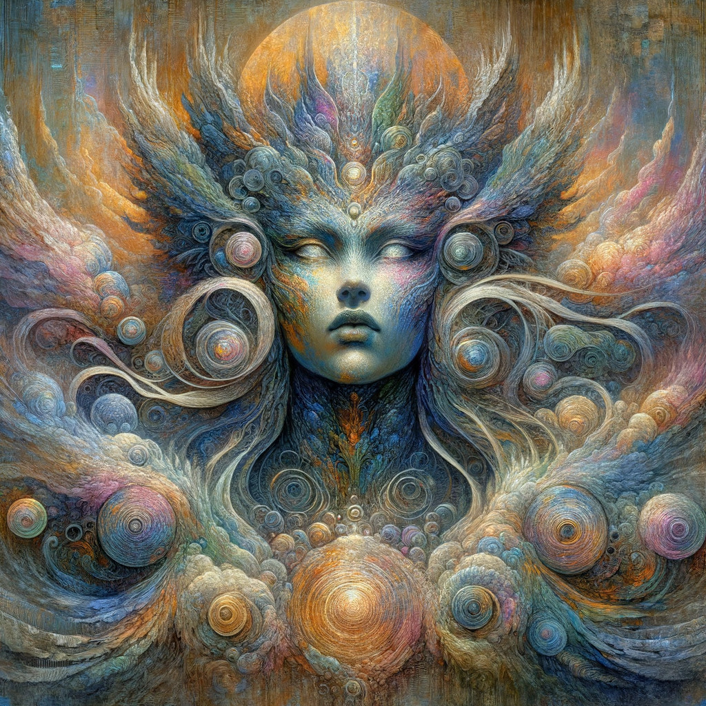 Serene Ethereal Figure with Vibrant Colors and Patterns