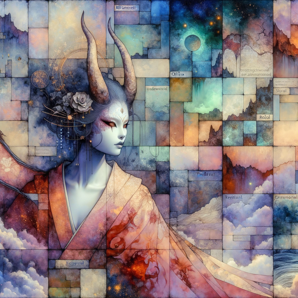 Ethereal Figure with Horns in Vibrant Mosaic Background
