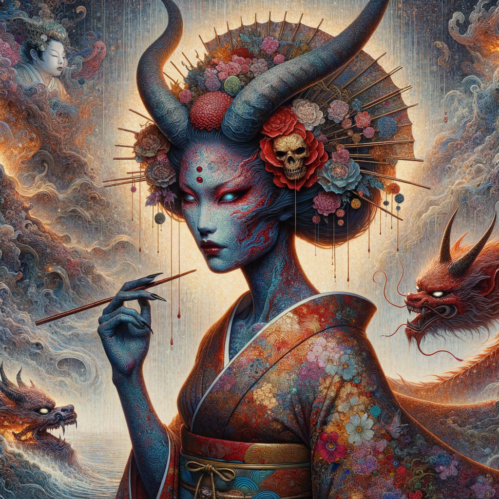 Mystical Figure in Ornate Kimono with Dragons