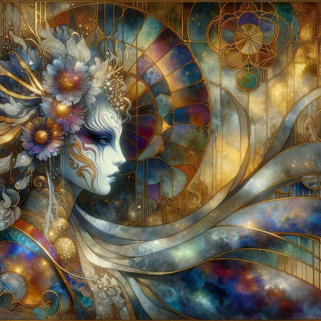 Ethereal Figure with Floral Headdress and Cosmic Background