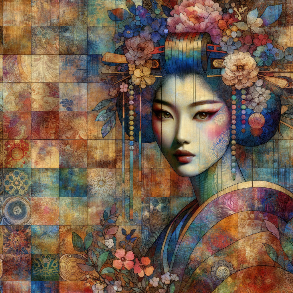 Intricately Patterned Geisha with Floral Motifs