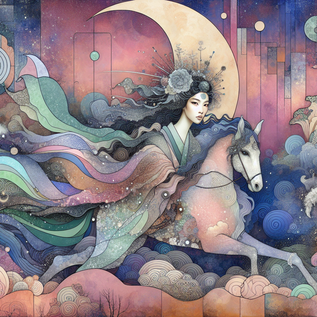 Ethereal Woman on White Horse in Mystical Landscape