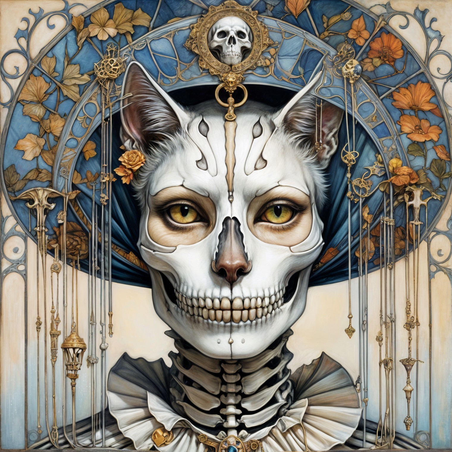 Feline Figure with Skeletal Face and Floral Patterns