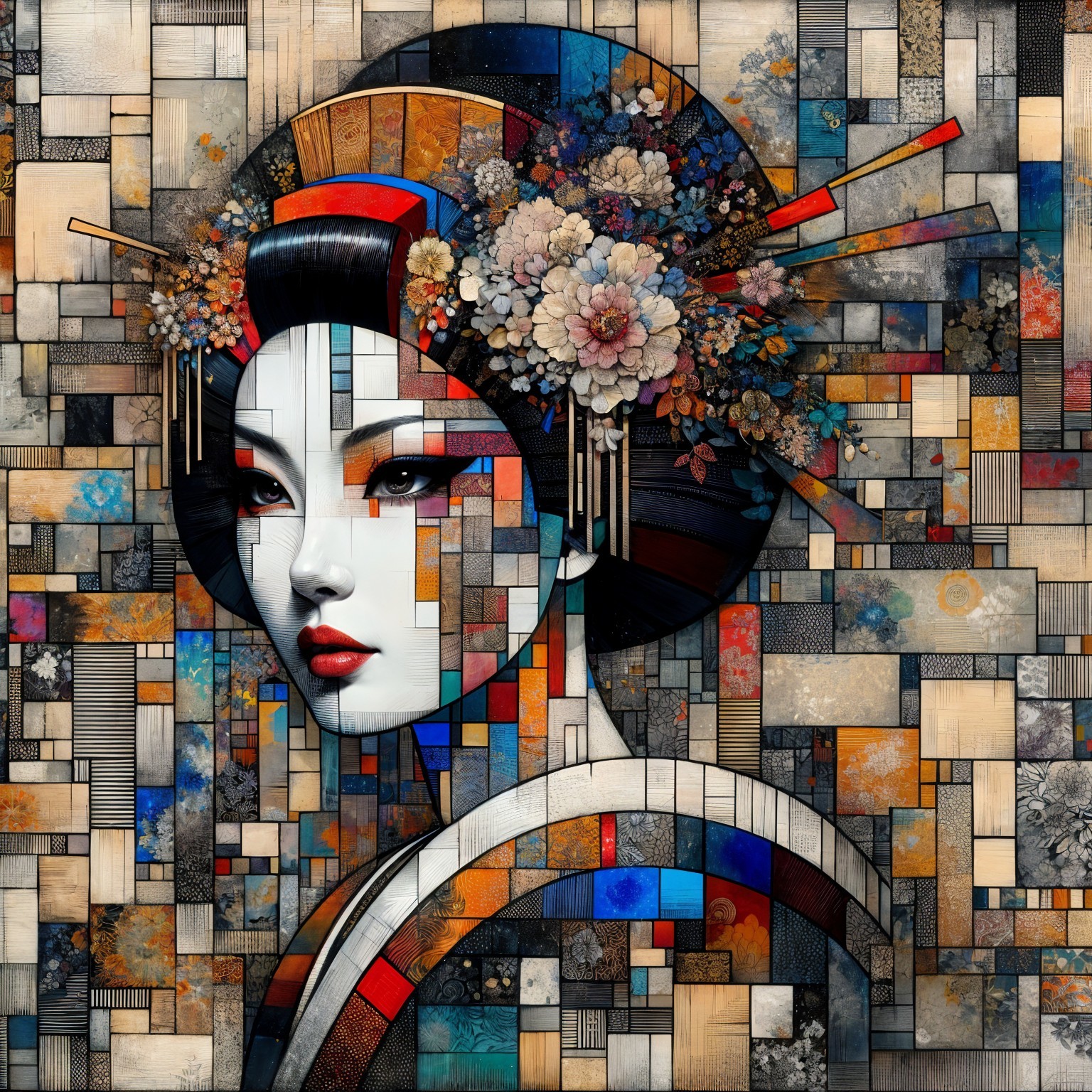 Stylized Japanese Portrait with Floral Headpieces