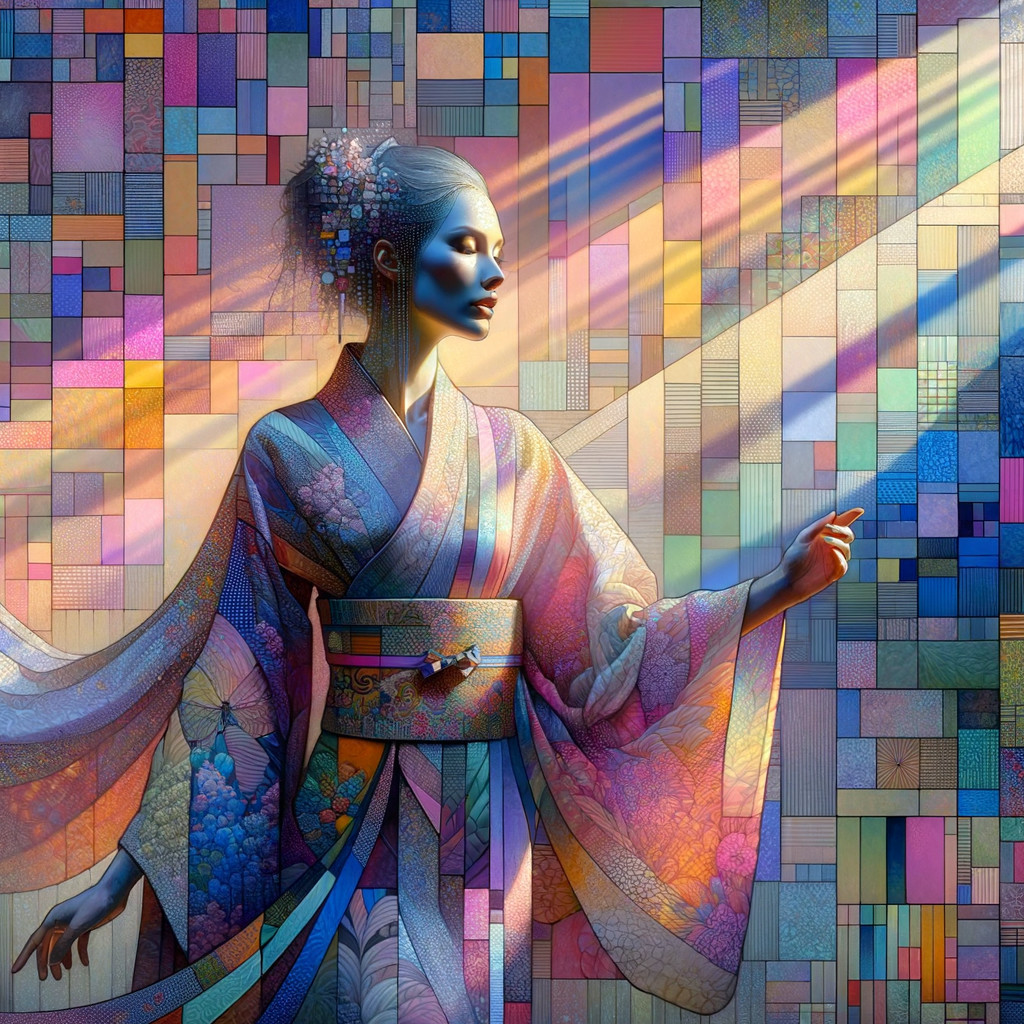 Colorful Kimono Against Abstract Geometric Backdrop