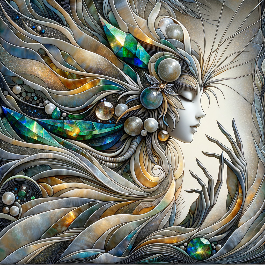 Stylized ethereal figure with vibrant gemstones and pearls