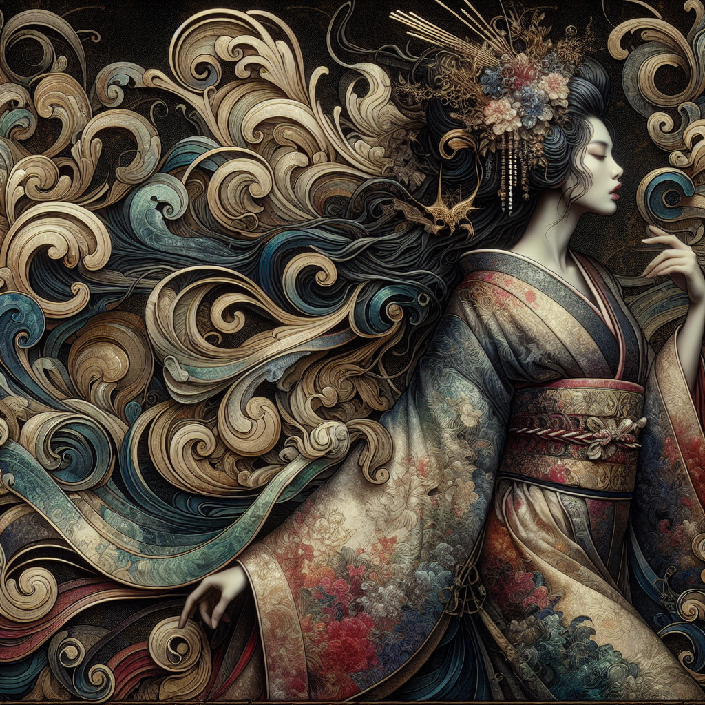 Detailed Illustration of Woman in Traditional Kimono