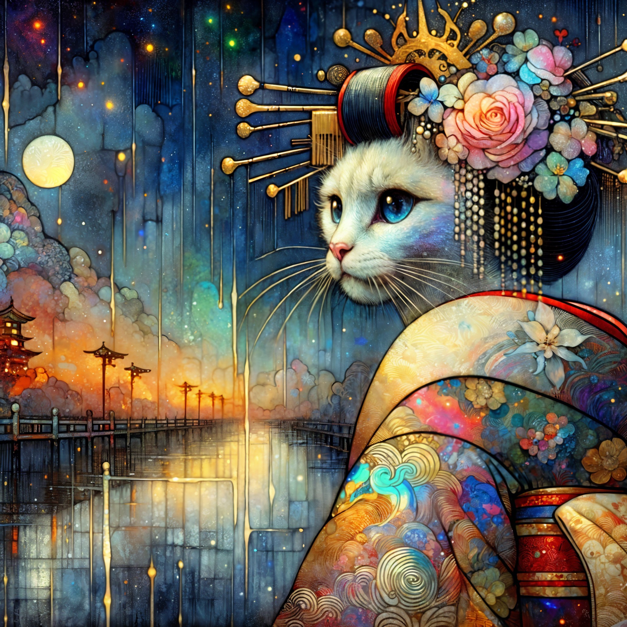 Majestic Cat in Intricate Kimono Under Starry Sky