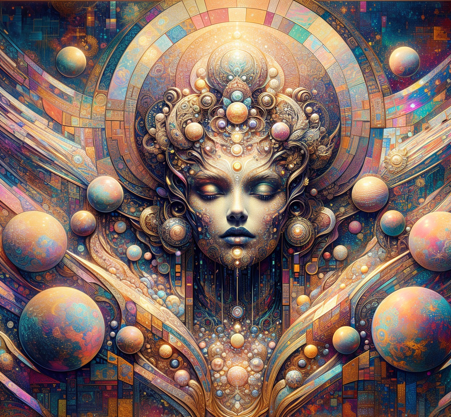 Ethereal Face with Geometric Patterns and Colors