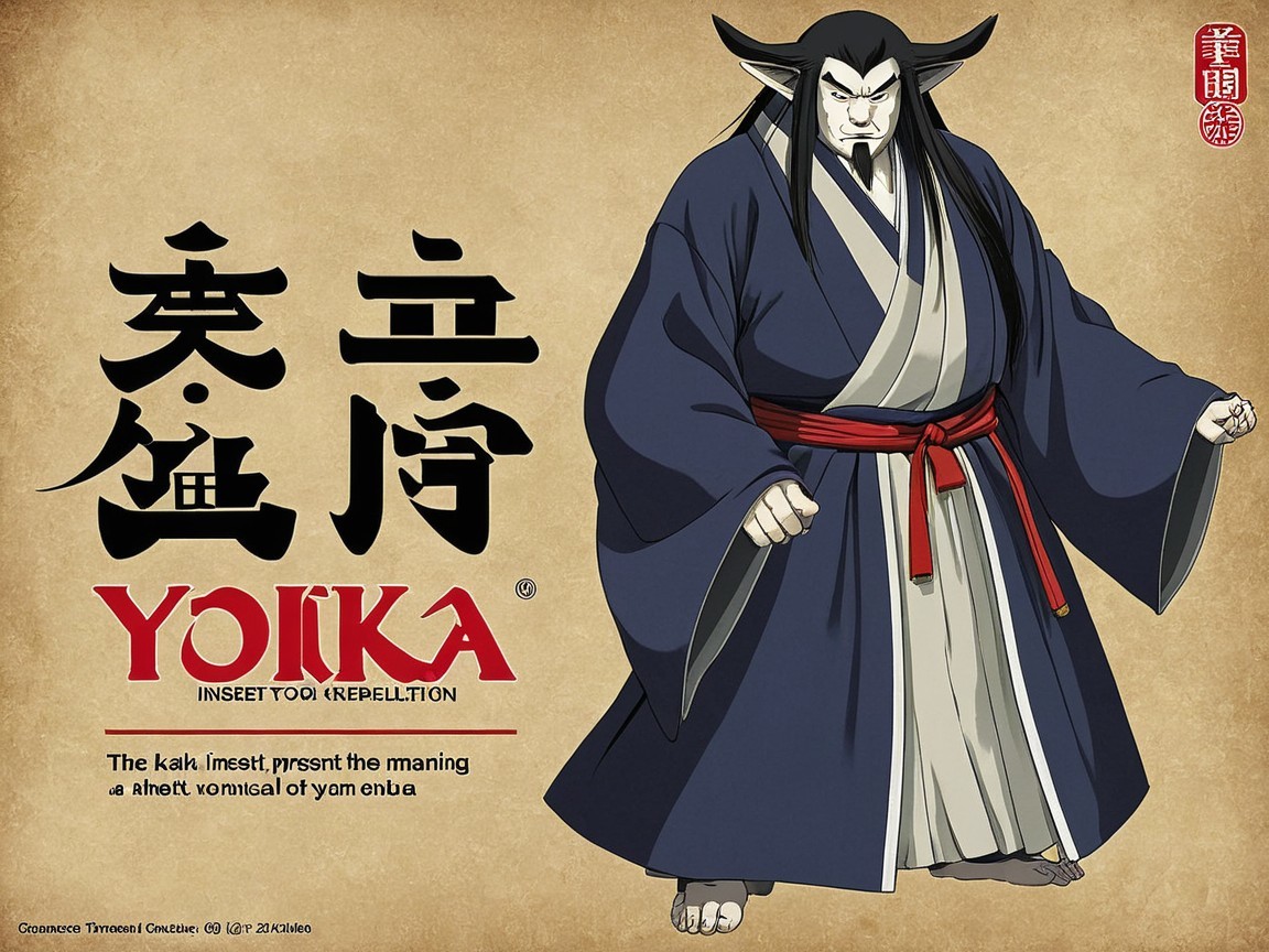 Confident Character in Dark Blue Kimono with Title