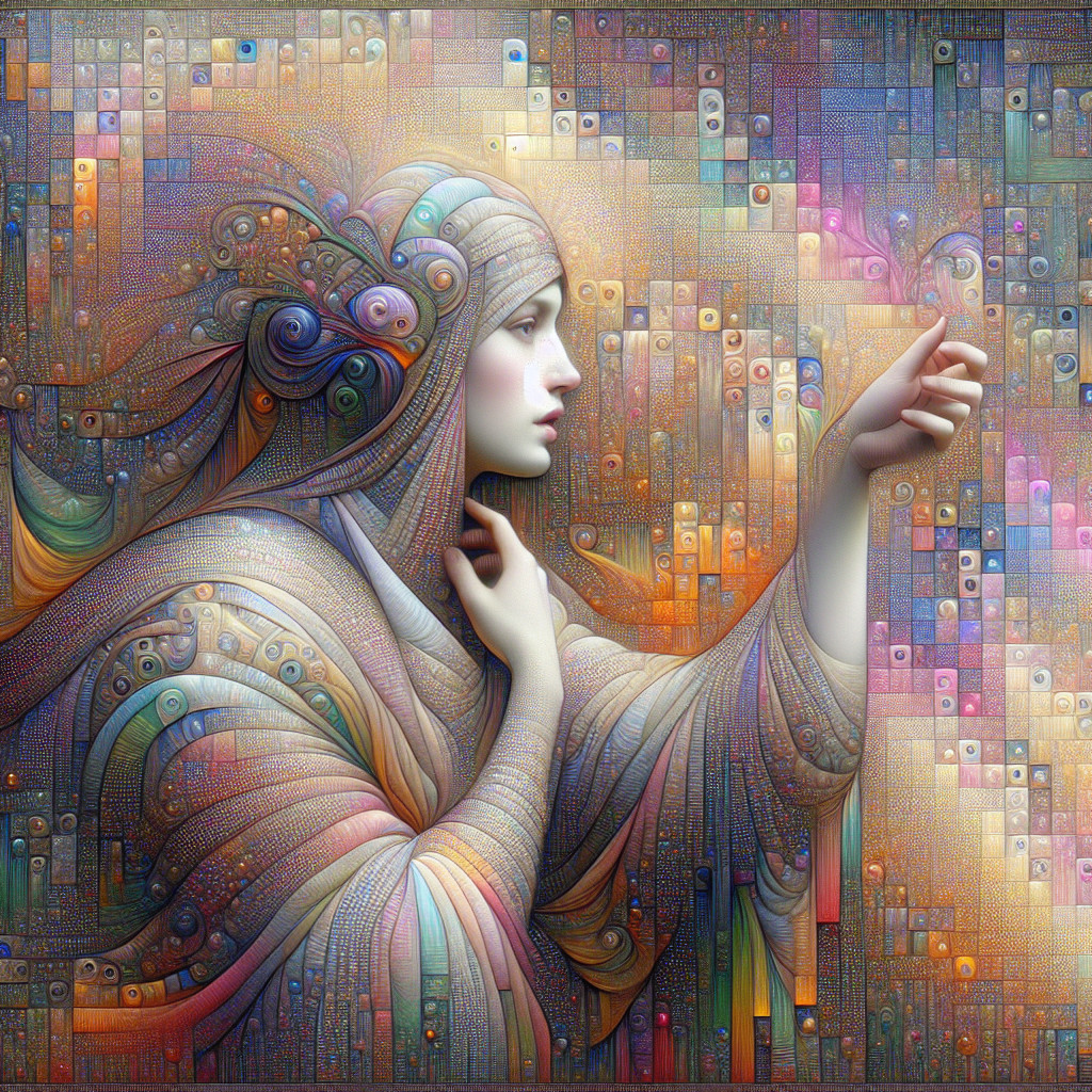 Ethereal Figure in Flowing Garments with Mosaic Background