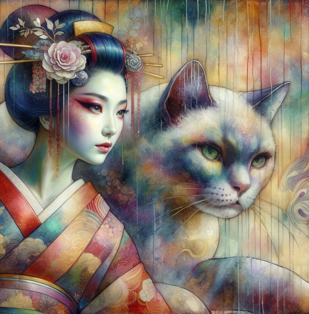 Portrait of a woman in traditional attire with a cat