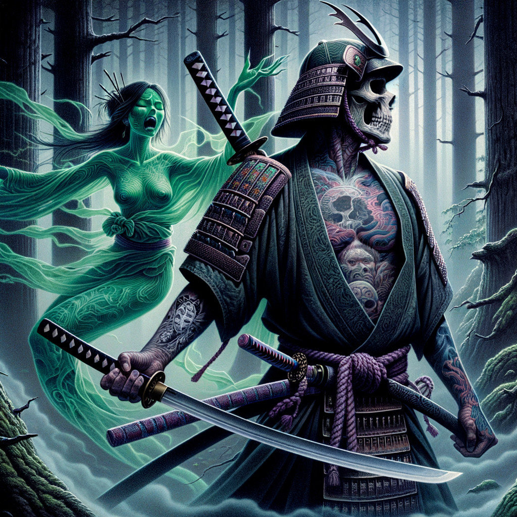 Undead Samurai Warrior and Ghostly Woman in Forest