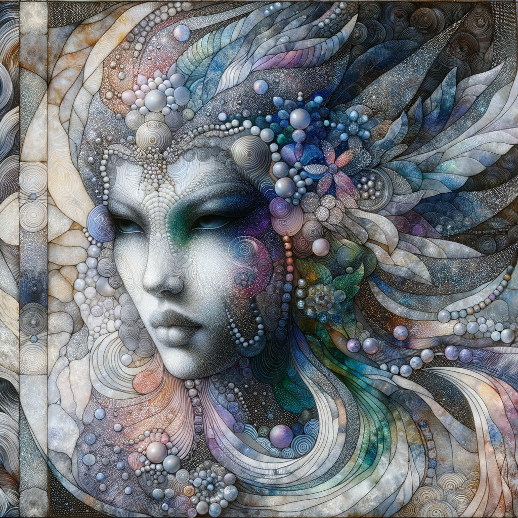 Ethereal Face in Vibrant Tapestry of Patterns