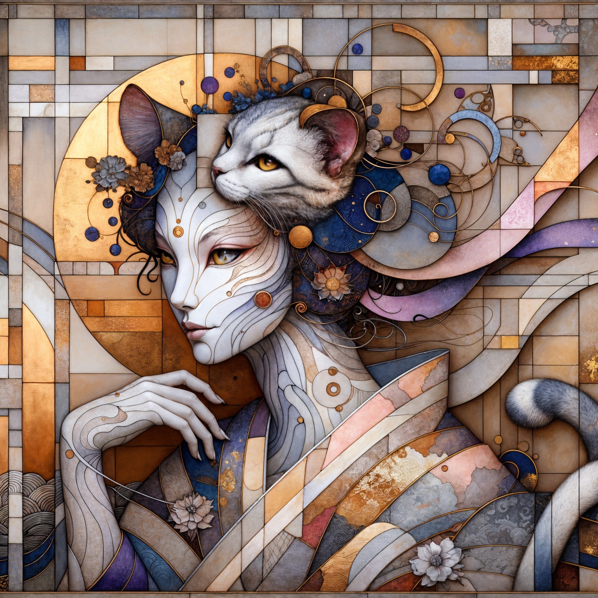 Stylized female figure with mask and whimsical cat