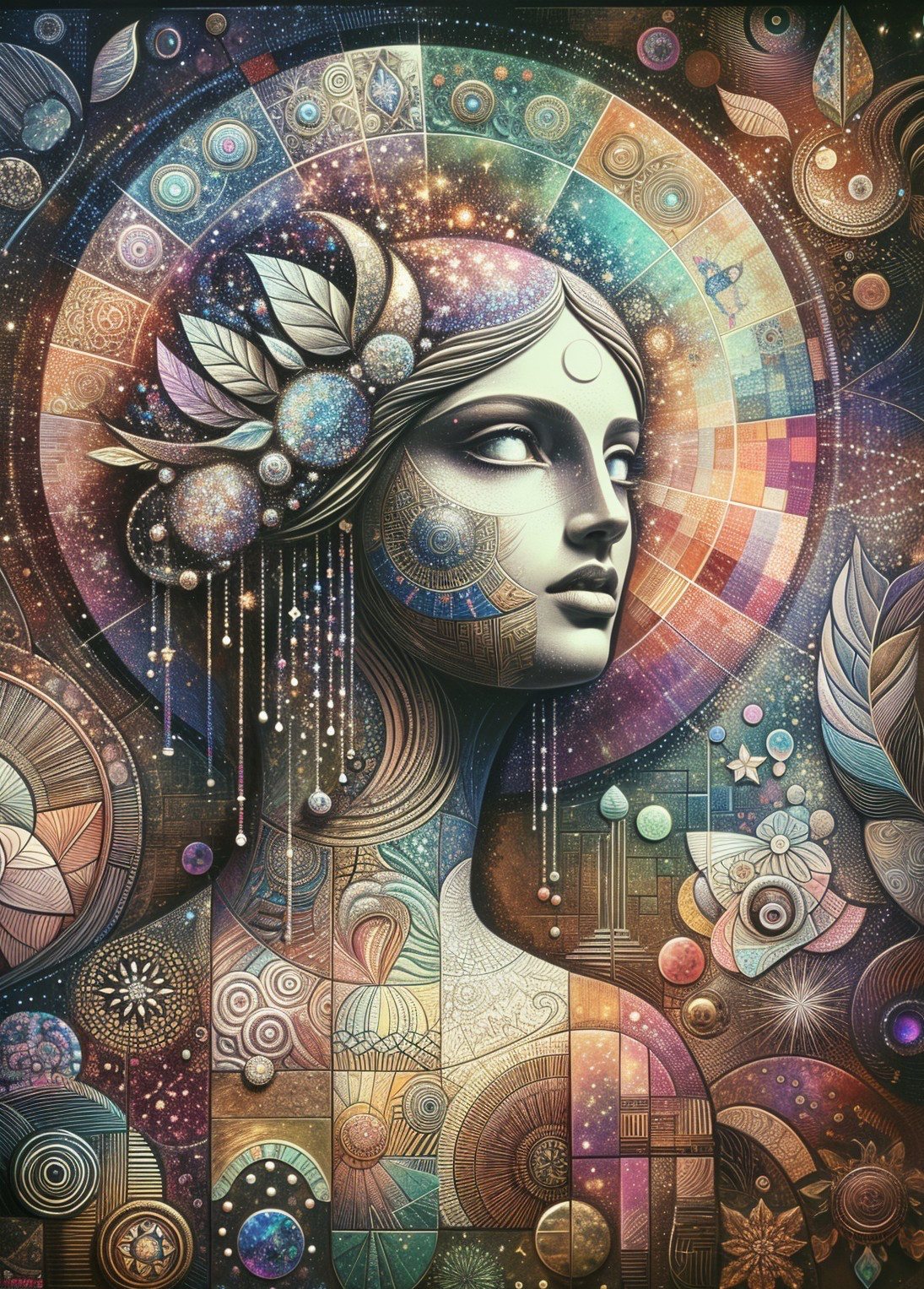 Stylized female figure with cosmic patterns and colors