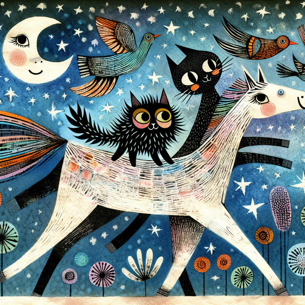 Whimsical Night Scene with Horse, Cat, and Moon