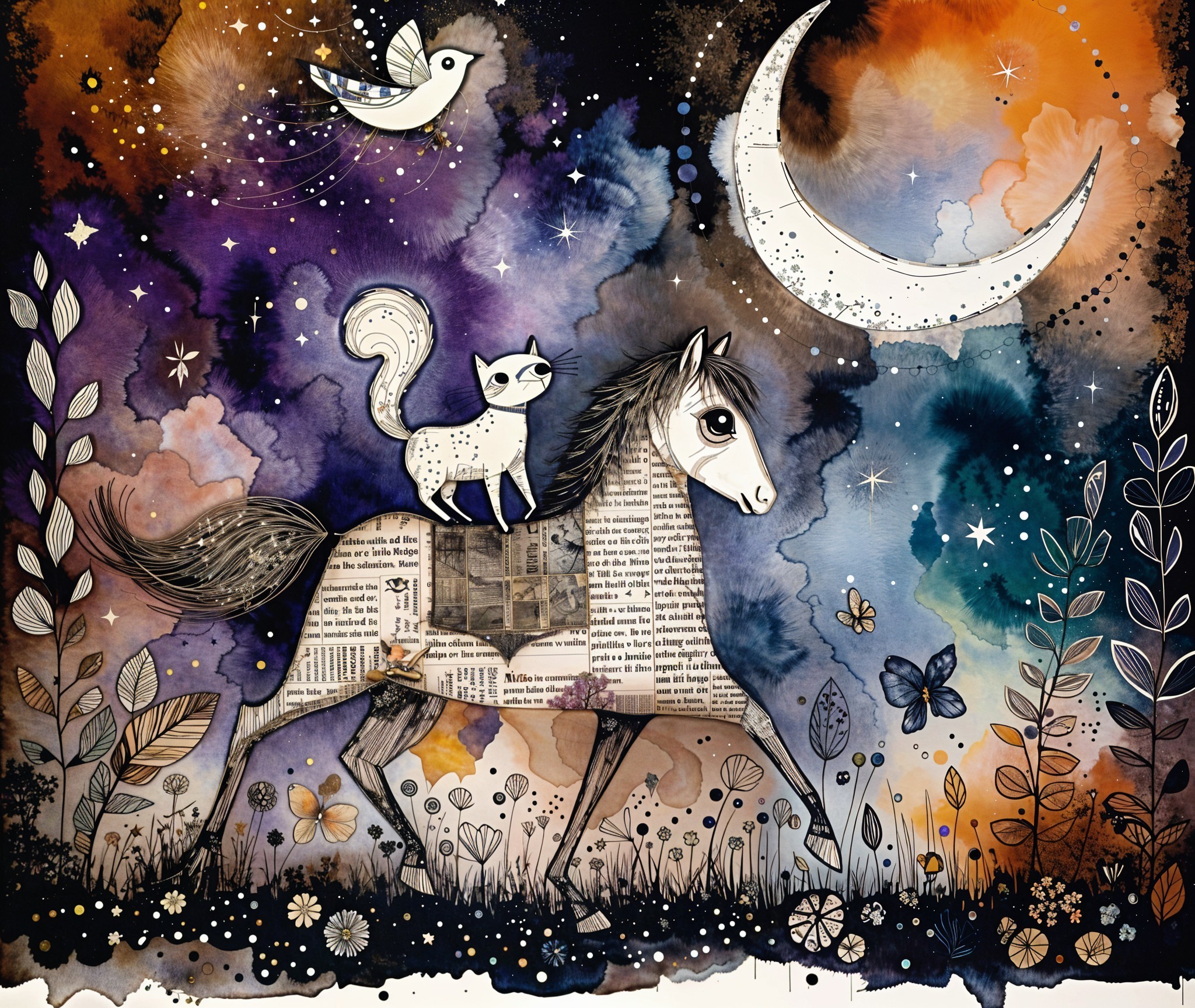 Digital Watercolor of Horse and Cat Under Night Sky