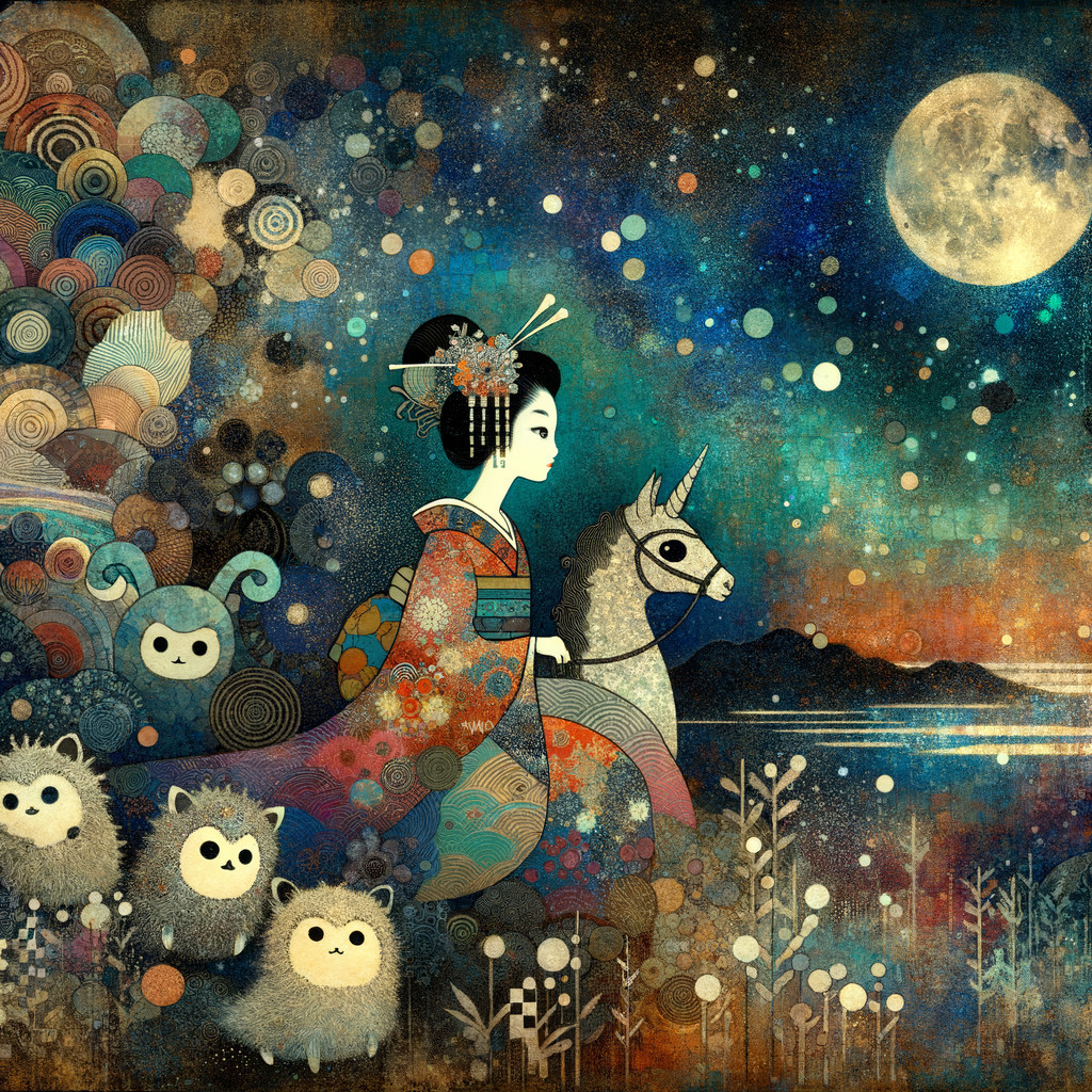 Dreamlike Landscape with Unicorn and Colorful Kimono