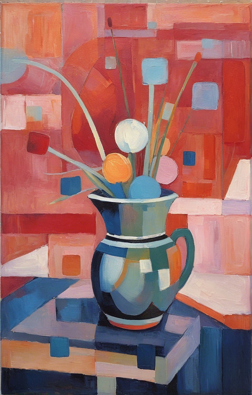 Abstract Painting with Dark Blue Vase and Colorful Forms