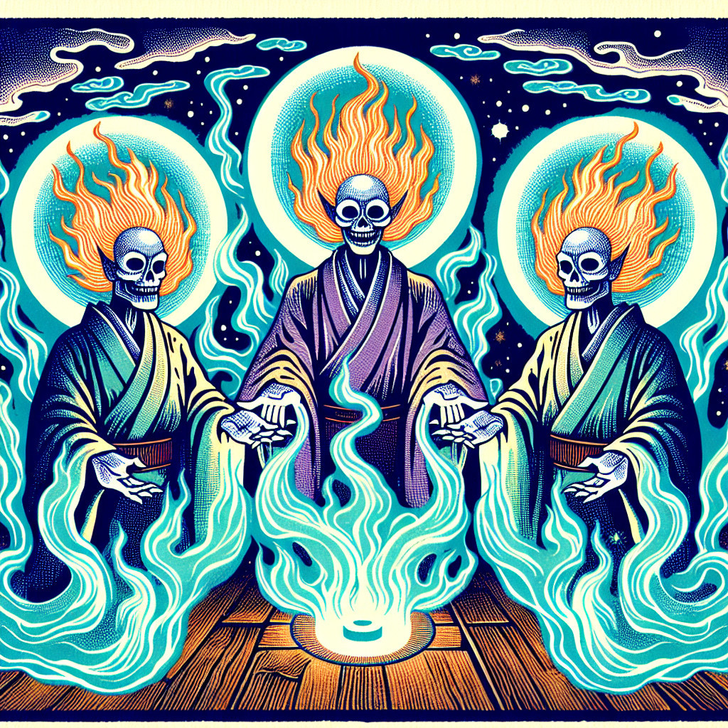 Skeletal Figures in Robes Surrounded by Blue Flames