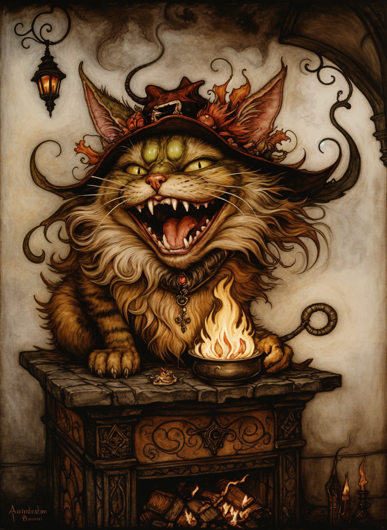 Whimsical Cat Character in Witch Hat by Fireplace