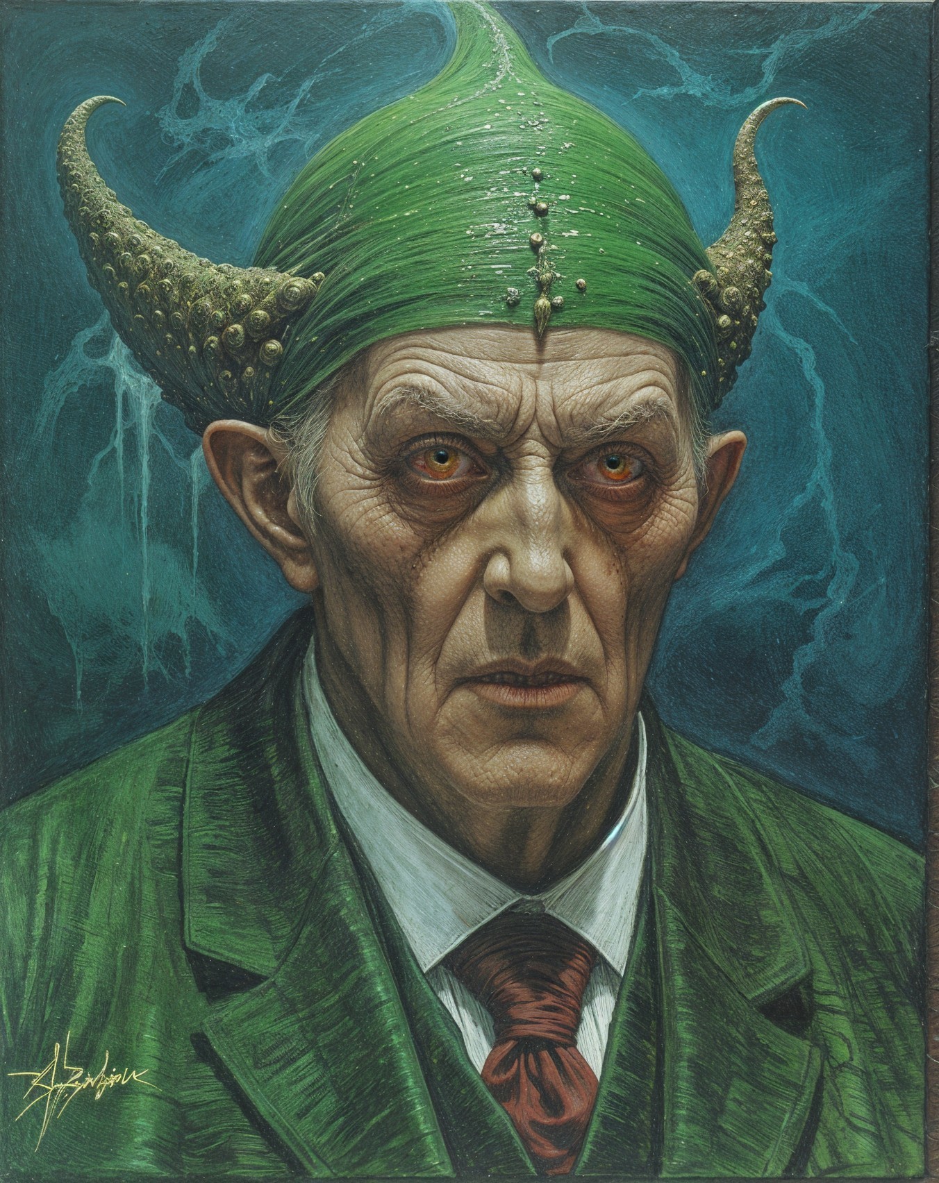 Portrait of an Older Man in Green Suit with Horns