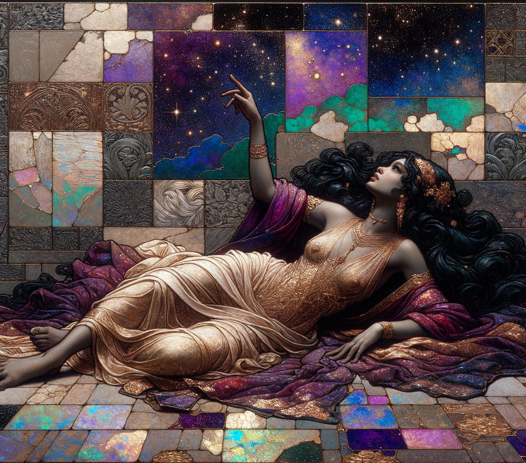 Woman in flowing gown against colorful tiled backdrop