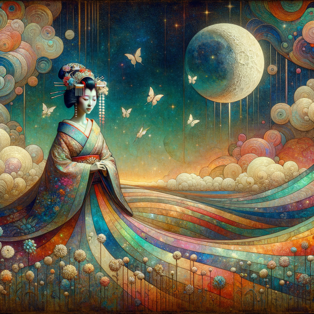 Geisha in Kimono Surrounded by Flowers and Moonlight