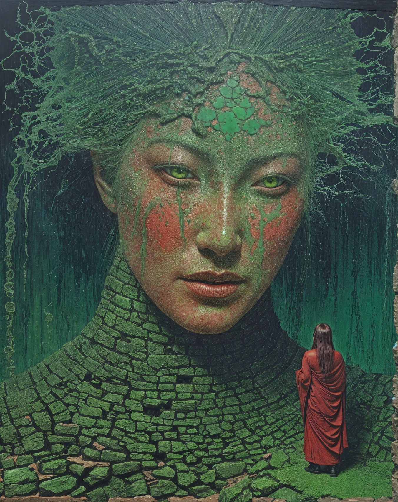 Surreal Female Face Emerging from Textured Green Surface