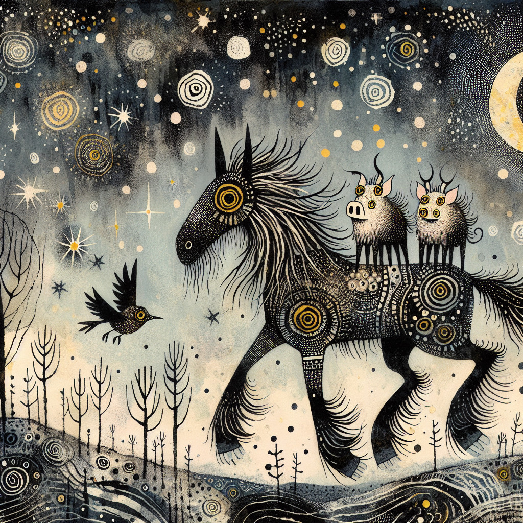 Whimsical Night Scene with Horse and Colorful Creatures