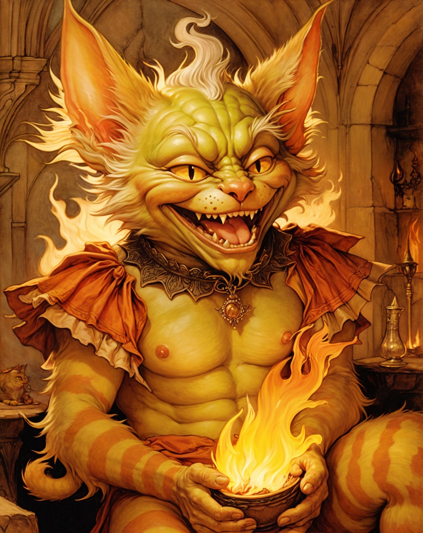 Fantastical creature with green skin in medieval setting