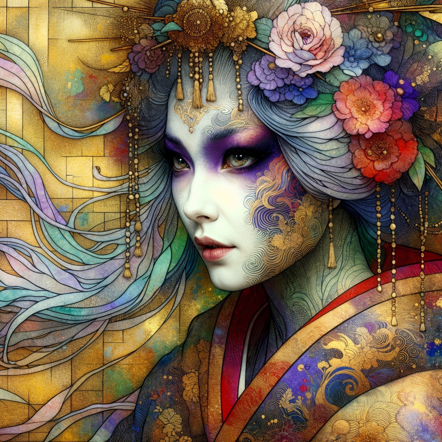Intricate Portrait of Woman in Traditional Kimono