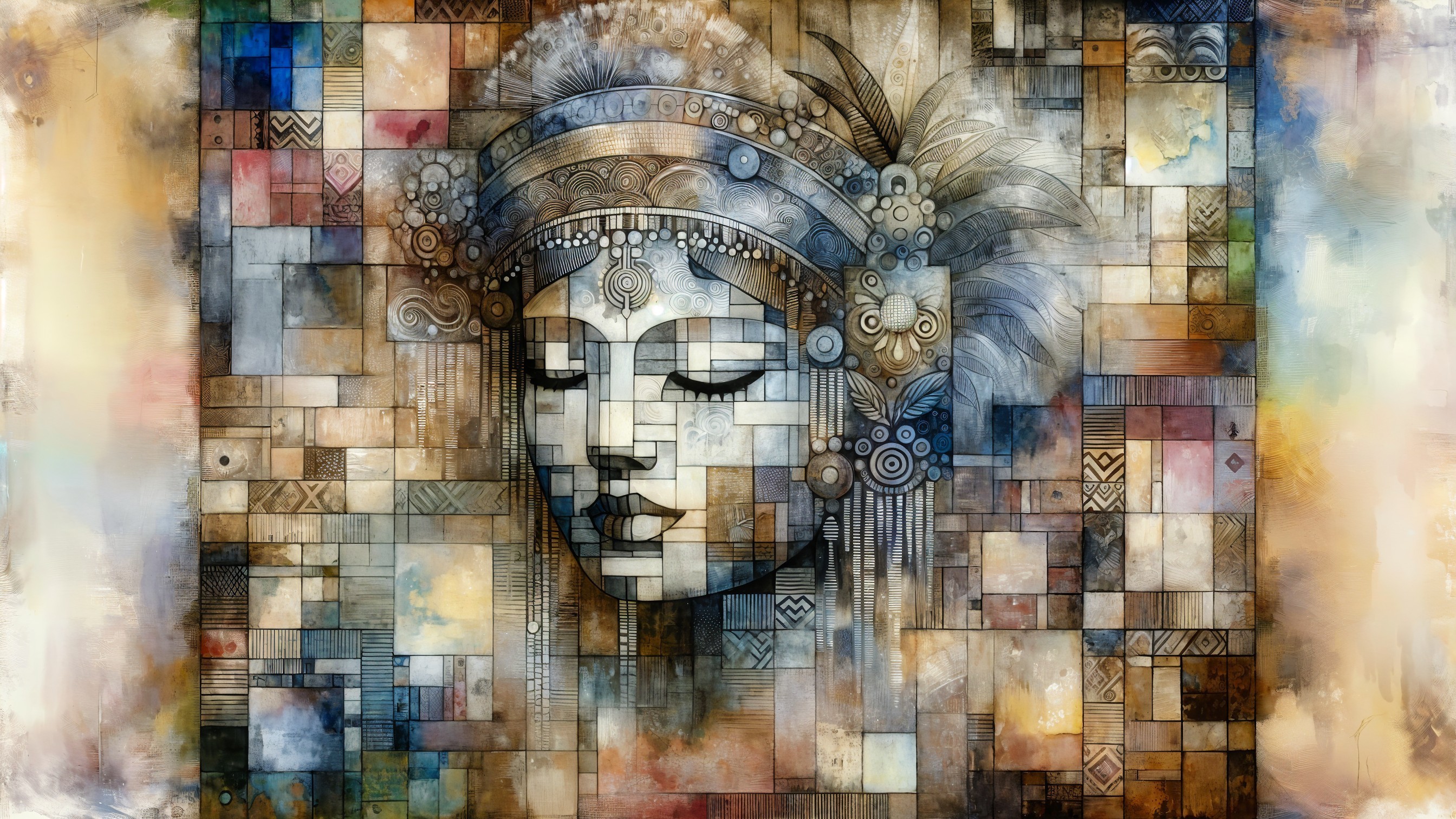 Serene Face Artwork with Intricate Patterns and Textures