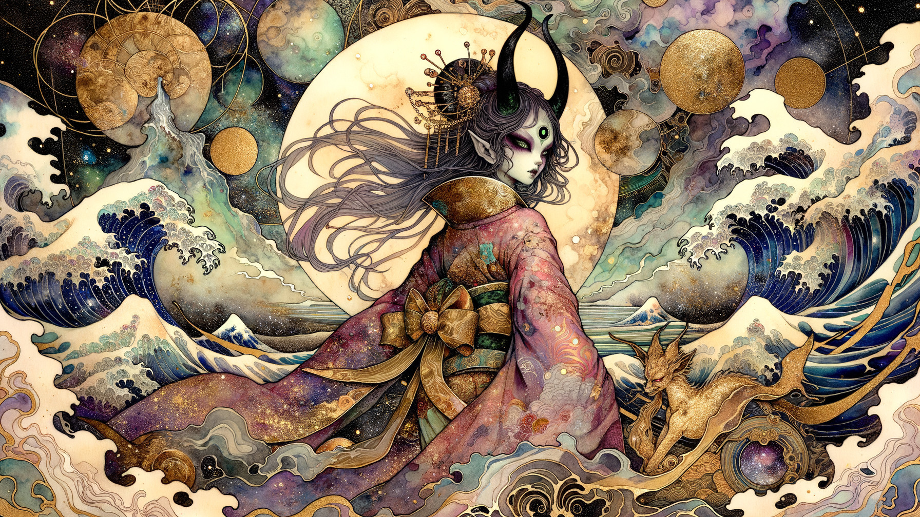 Ornate Kimono Figure in Dreamlike Fantasy Landscape