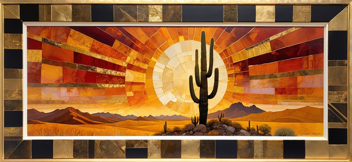 Vibrant Desert Landscape with Cactus and Sun
