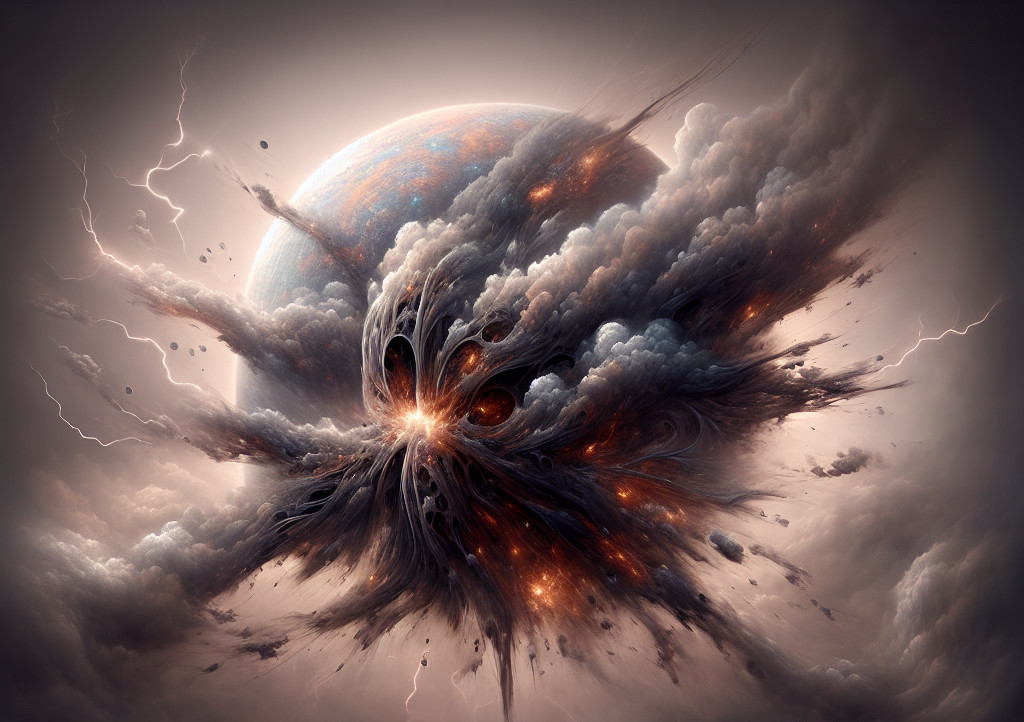 Celestial Scene with Massive Planet and Turbulent Sky