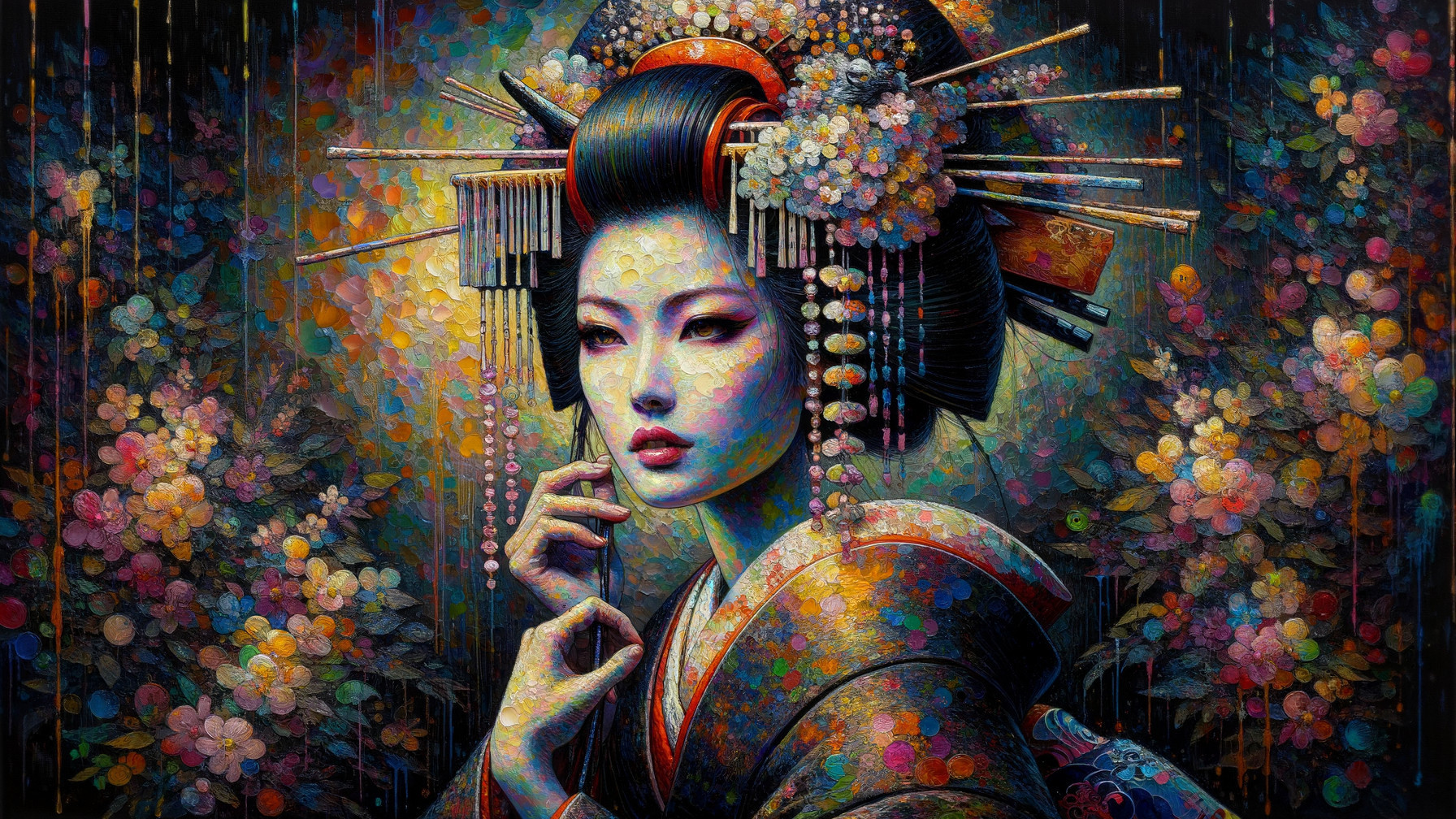 Vibrant depiction of a geisha in traditional attire
