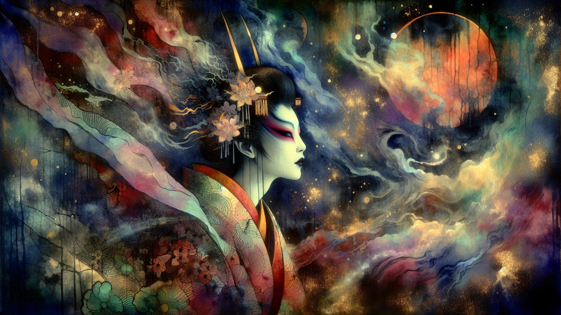 Traditional Japanese Woman in Vibrant Kimono Art
