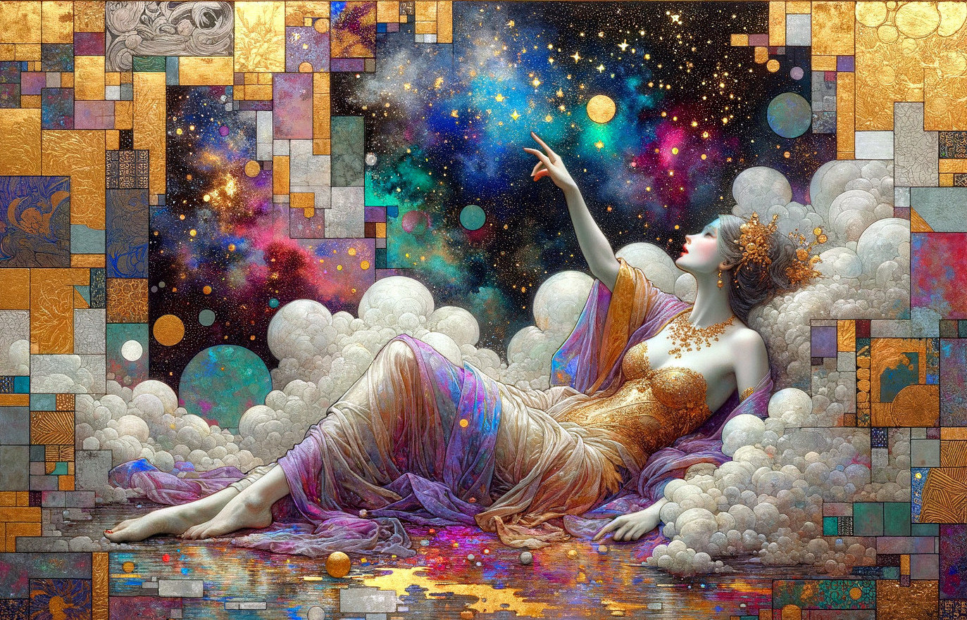 Serene Woman Reclining on Cosmic Clouds and Stars