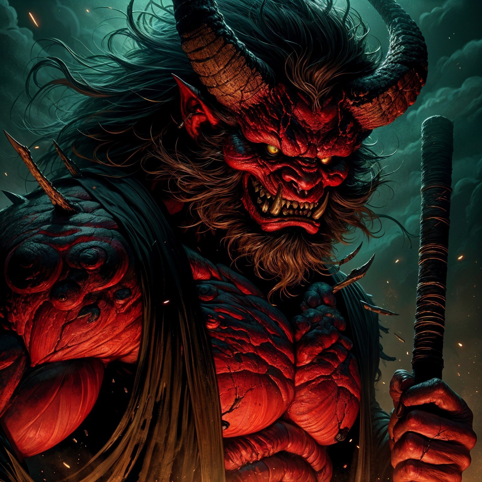 Menacing Red-Skinned Figure with Curved Horns and Staff