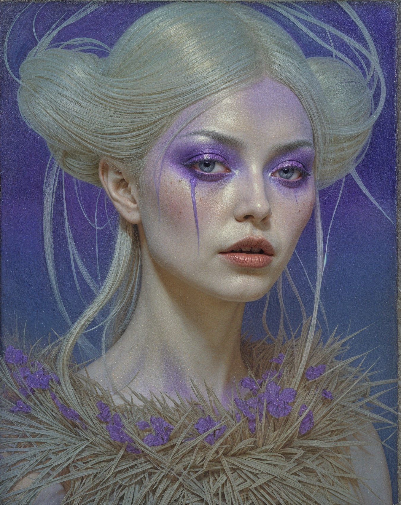 Portrait of a Woman with Blonde Hair and Purple Accents