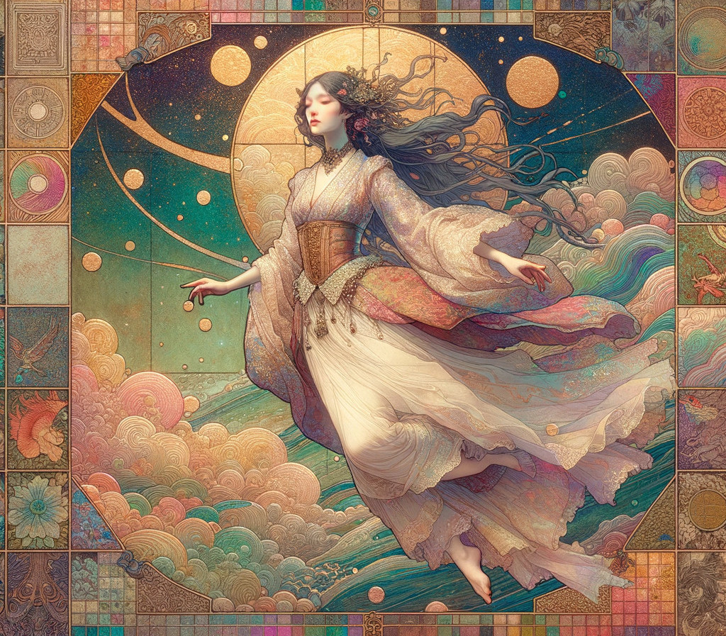 Celestial Figure in Flowing Robes with Cosmic Motifs