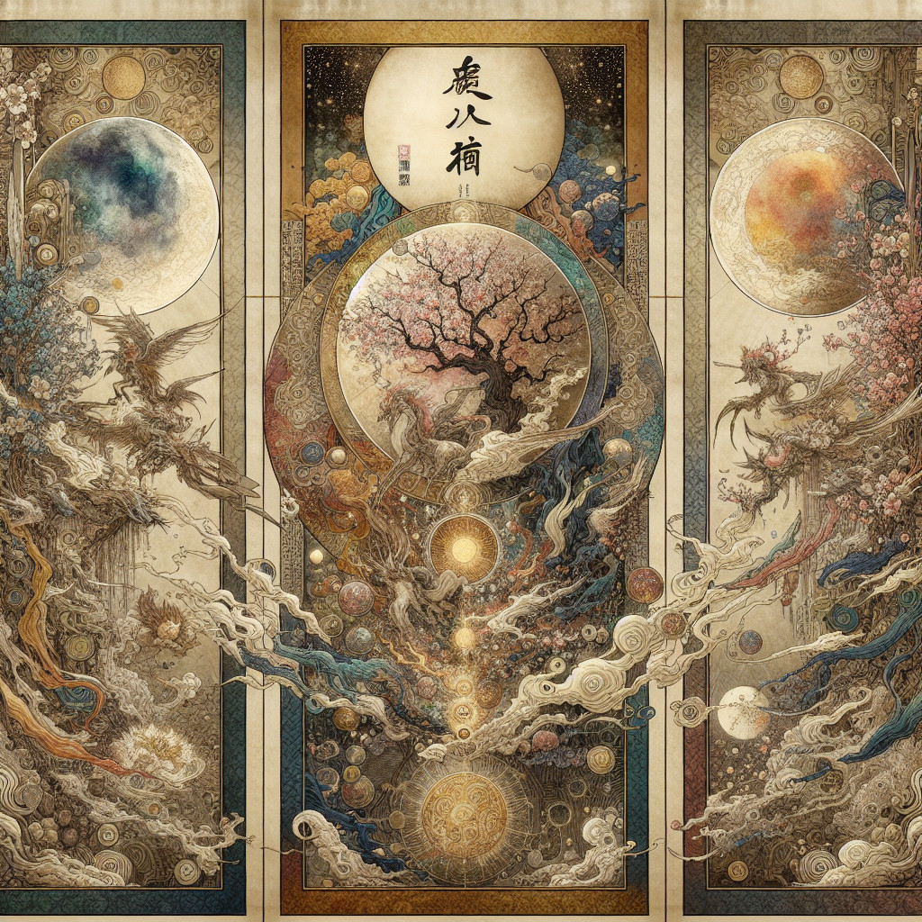 Fantastical Triptych with Nature and Mythical Elements